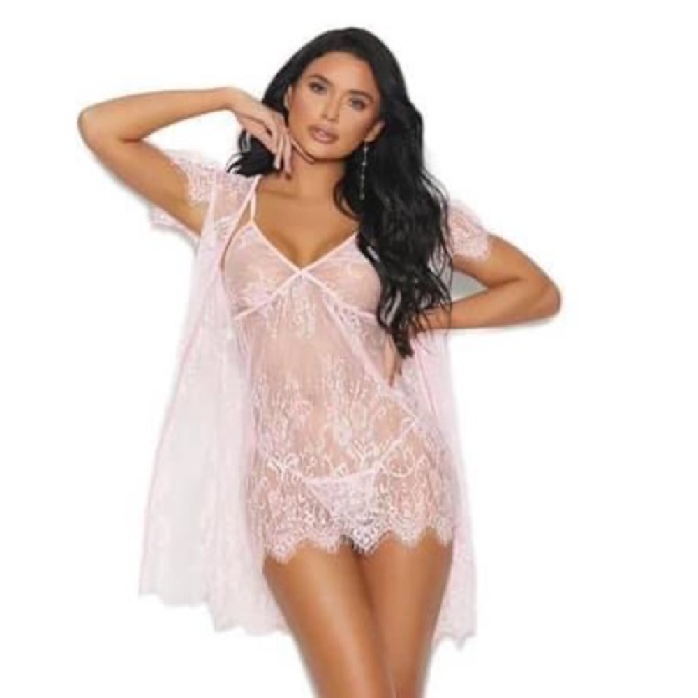 Baby Pink Eyelash Lace Peignoir Set